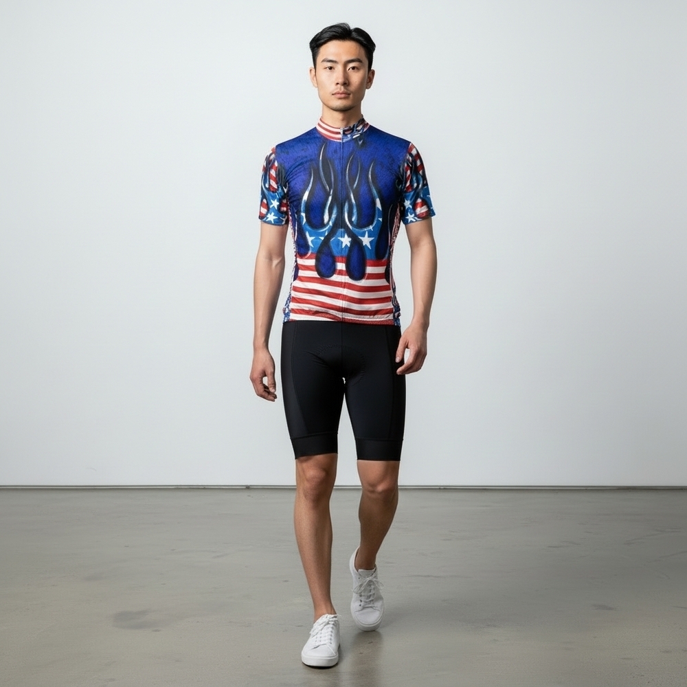 Primal Wear Red White Blue Stars Stripes Flames Cycling Shirt Mens Size Large